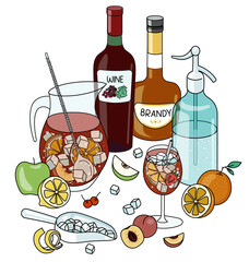 Stylish hand-drawn doodle cartoon style Spanish summer Sangria cocktail composition. A bottle of red wine and brandy, sangria jug and glass, lemon. For bar menu, cook book recipe, stickers or cards.