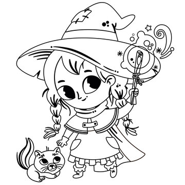 Black and white vector illustration of a cute witch and her cat.