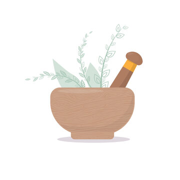 Wooden mortar and pestle with leaves and plants. Tool for cooking food, grinding spices and medical herbs. Medical devices for milking powders, as well as for alternative prescriptions for medicines.
