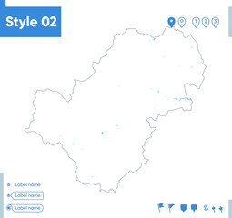 Fototapeta premium Kaluga Region, Russia - stroke map isolated on white background with water and roads. Vector map