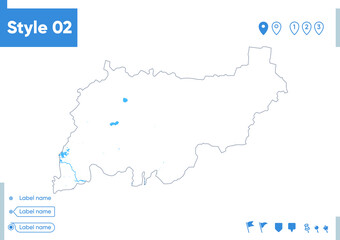 Kostroma Region, Russia - stroke map isolated on white background with water and roads. Vector map