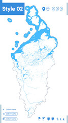 Krasnoyarsk Territory, Russia - stroke map isolated on white background with water and roads. Vector map