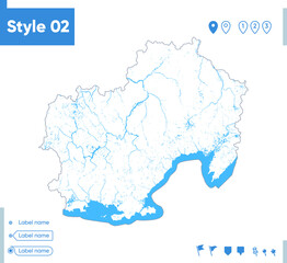 Magadan Region, Russia - stroke map isolated on white background with water and roads. Vector map