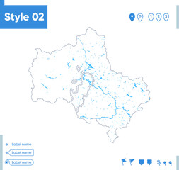 Fototapeta premium Moscow Region, Russia - stroke map isolated on white background with water and roads. Vector map