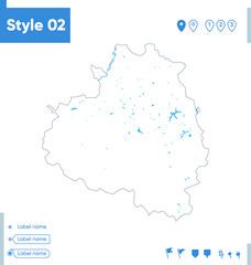 Tula Region, Russia - stroke map isolated on white background with water and roads. Vector map