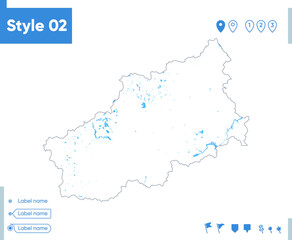 Tver Region, Russia - stroke map isolated on white background with water and roads. Vector map