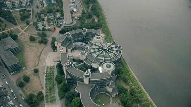 Aerial view of the Landtag Nordrhein-Westfalen or North Rhine-Westphalia Parliament building within the cityscape of Dusseldorf