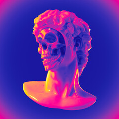 Abstract digital illustration from 3D rendering of a classical white marble head bust with missing face unveiling a shiny skull inside and isolated on background in vaporwave colorful style palette.