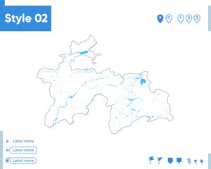 Tajikistan - stroke map isolated on white background with water and roads. Vector map