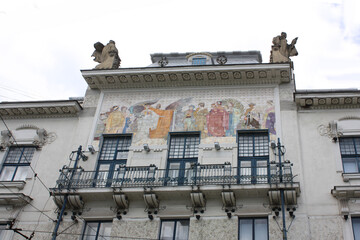 Panel with 12 Olimpic gods on the facade of Museum of Fine Arts in Chernivtsi, Ukraine - obrazy, fototapety, plakaty