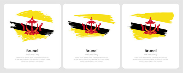 A set of vector brush flags of Brunei on abstract card with shadow effect