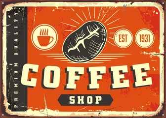  Vintage coffee shop advertising tin sign. Promo poster design for cafe bar with coffee bean on a red background. Vector drinks and beverages illustration. © lukeruk
