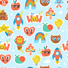 Seamless pattern background for back to school concept with cute creative stickers. Childish print forwrapping paper, cards and planner decoration. Vector Illustration