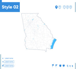 Georgia, USA - stroke map isolated on white background with water and roads. Vector map