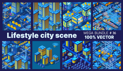 Lifestyle set city people background 3D illustration future neon