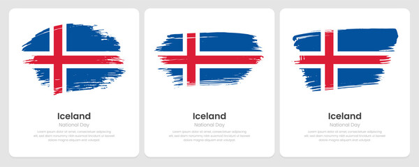 A set of vector brush flags of Iceland on abstract card with shadow effect