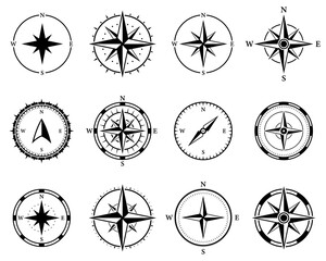 Compass Navigation Silhouette Icon Set. North South West East Orientation Direction Glyph Pictogram. Nautical Antique Rose Wind Navigator for Sea Adventure Icon. Isolated Vector Illustration