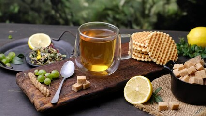 Herbal tea, wafers and brown sugar. Close-up 4k video shooting, dark background