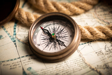 Antique compass lying on old style map