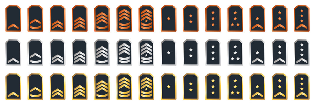 Military Insignia Soldier Icon Set. Sergeant, General, Major, Officer, Lieutenant, Colonel Patch. Military Army Badges. Golden, Silver, Bronze Army Rank on White Background. Vector Illustration