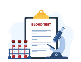 Medical blood test concept. Chemical laboratory analysis. Patient blood in test tubes, microscope, exam checklist blank document. Banner, flyer, landing page. Vector illustration.