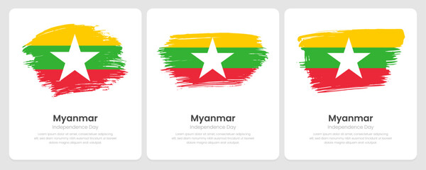 A set of vector brush flags of Myanmar on abstract card with shadow effect