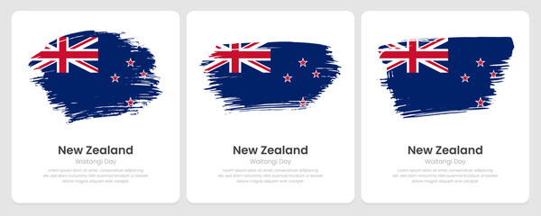 Obraz na płótnie Canvas A set of vector brush flags of New Zealand on abstract card with shadow effect