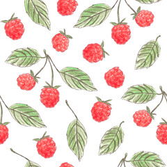 Seamless pattern with raspberry and leaves hand drawn with colored pencils
