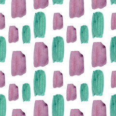 Watercolor seamless pattern with green and purple brush strokes on white background
