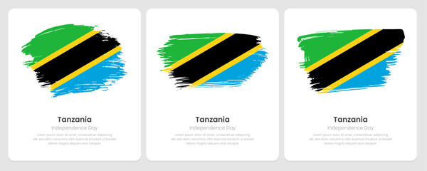 Fototapeta premium A set of vector brush flags of Tanzania on abstract card with shadow effect