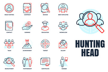 Set of Head Hunting, earning, winner, contract, target, review and more icon logo vector illustration. recruiting pack symbol template for graphic and web design collection