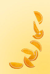 Fototapeta premium slices of orange marmalade fly on a yellow background, copy space