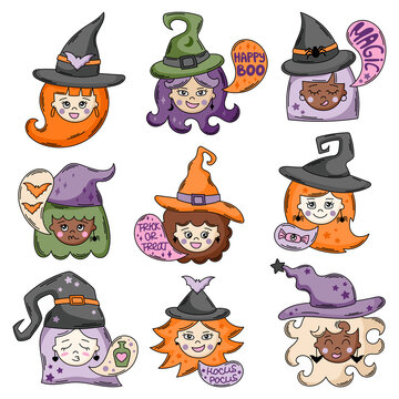 Cute witch faces vector illustration set. Funny cartoon witches. Halloween characters clipart