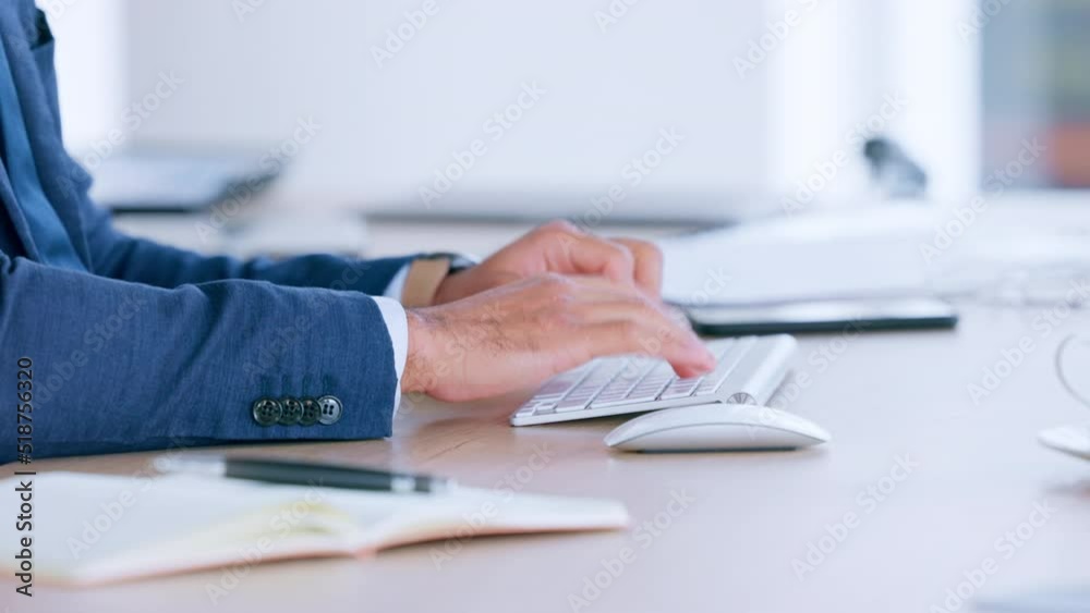 Poster close up of businessman hands typing on keyboard. accountant doing his month end reconciliations in 