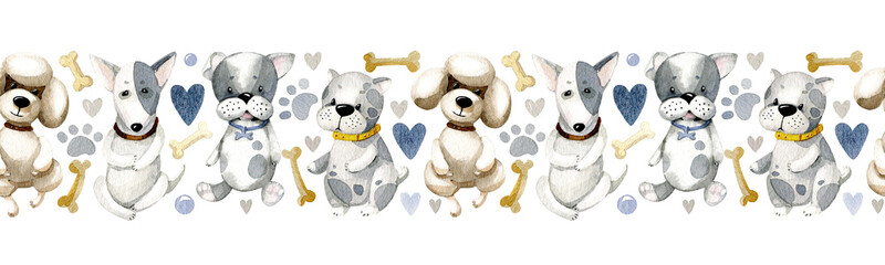 Watercolor seamless border. Cute puppies, dogs footprints, little hearts and bones, isolated on a white background. - 518756309