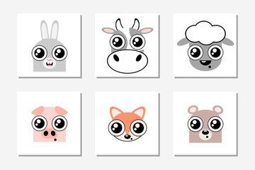 Set of funny cartoon animals. Cute animal nursery prints collection. Cartoon bunny, cow, sheep, pig, fox and bear. Vector cartoon illustration.