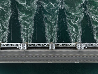Bird's Eye View of a Storm Surge Barrier in the Netherlands