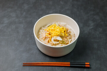 This dish consists of buckwheat noodles served in chilled chicken soup flavored with vinegar and mustard and topped with shredded chicken. Chogyeguksu is a dish commonly eaten in summer as it is belie