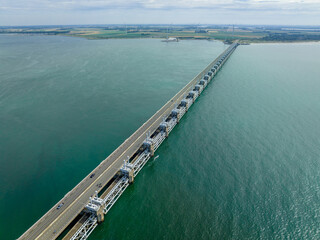 Fototapeta na wymiar Storm Surge Barrier Bridge to Protect the Netherlands Mainland from Rising Seas