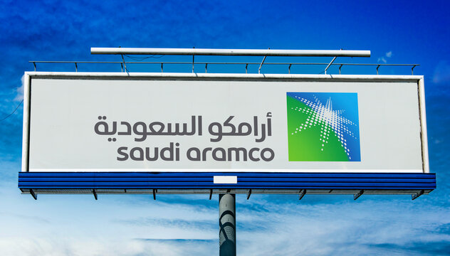 Advertisement billboard displaying logo of Saudi Aramco