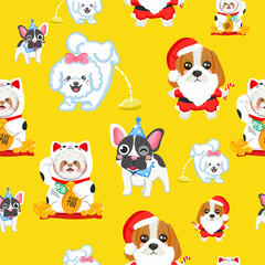 seamless pattern cute dog animals on yellow background