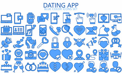Dating app icons set. Include like, dislike, boost, message, profile, edit info, filter, search, age range, location, gender, swipe and more.  Used for modern concepts, web, UI, UX kit, Vector EPS 10.