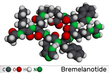 Bremelanotide molecule. It is 7 amino acid peptide used to treat hypoactive sexual desire disorder in women. Molecular model. 3D rendering