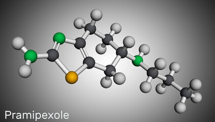 Pramipexole molecule. It is non-ergot dopamine agonist, medication used to treat Parkinson's disease. Molecular model. 3D rendering