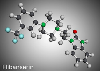 Flibanserin molecule. It is serotonergic antidepressant used to treat hypoactive sexual desire disorder. Molecular model. 3D rendering.