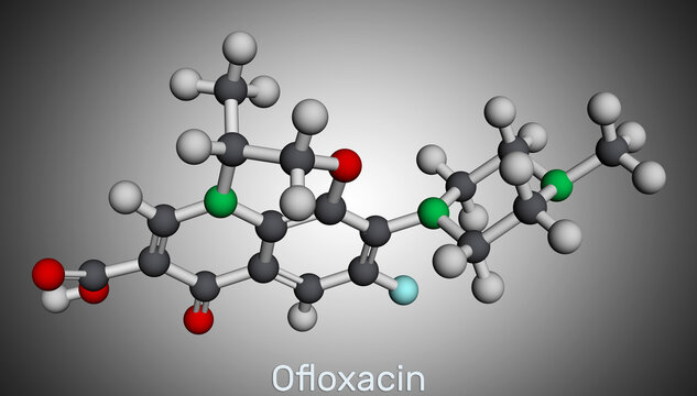 Ofloxacin fluoroquinolone molecule. It is quinolone antibiotic, antibacterial drug. Molecular model. 3D rendering. Illustration
