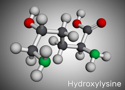 Hydroxylysine, Hyl molecule. It is amino acid, human metabolite. Molecular model. 3D rendering.