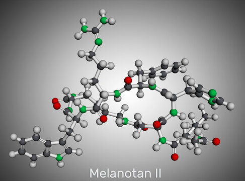 Melanotan II molecule. It is synthetic analogue of the peptide hormone, stimulates melanogenesis and increases sexual arousal. Molecular model. 3D rendering