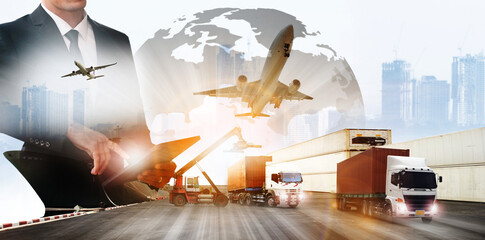 Businessman control virtual interface panel of global logistics network distribution and...