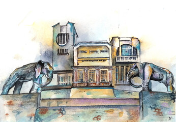 Watercolor and ink sketch of city building, hand drawn houses, urban illustration